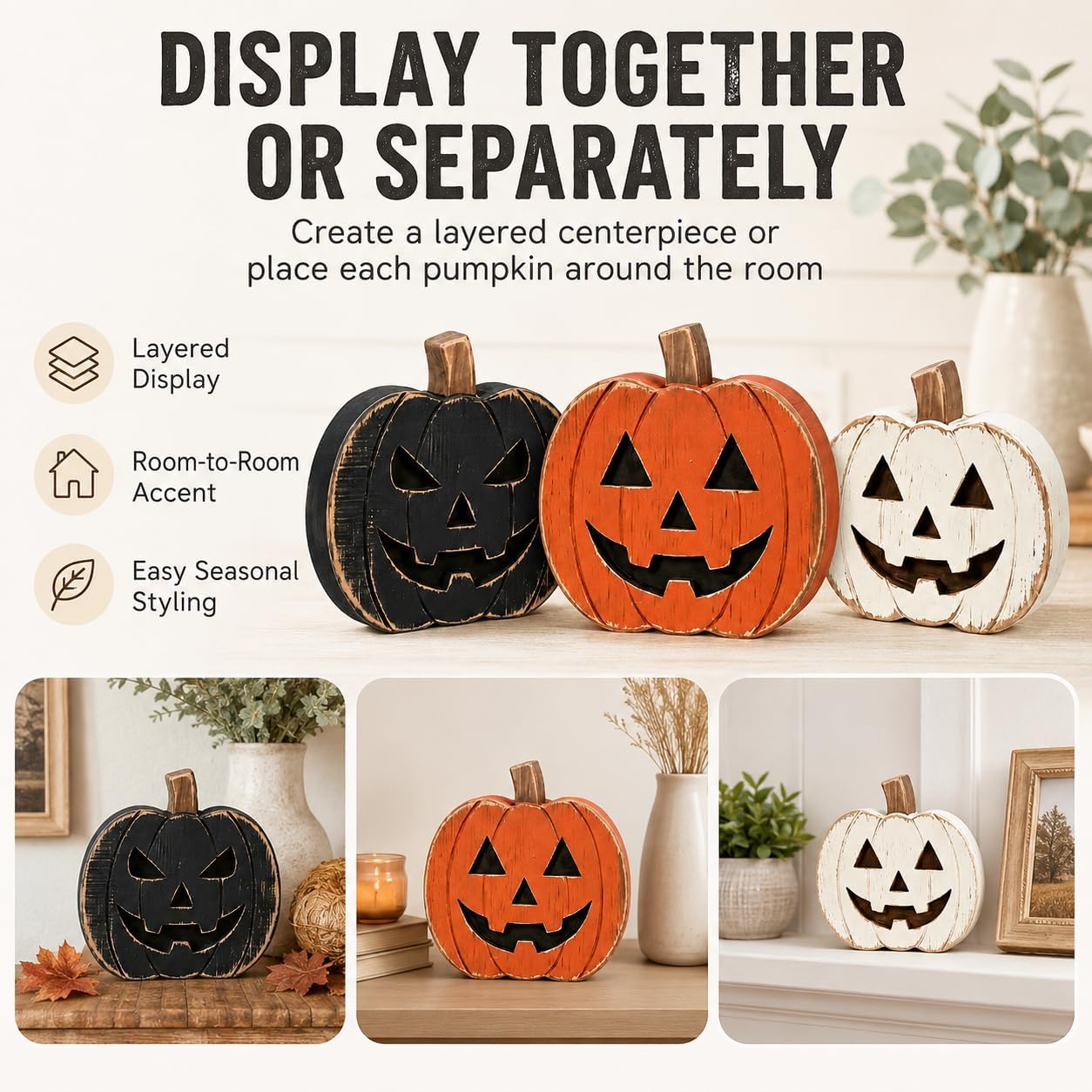 3PCS Rustic-style wooden ghost and pumpkin ornament