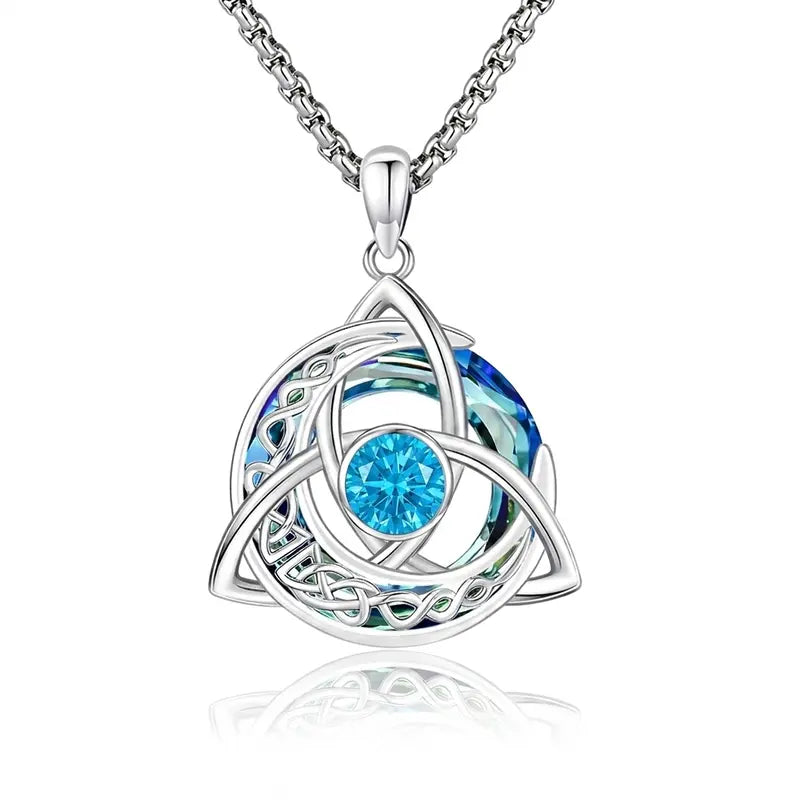 Women's Celtic Birthstone Necklace - Trinity Knot-Triquetra Crescent Moon Pendant