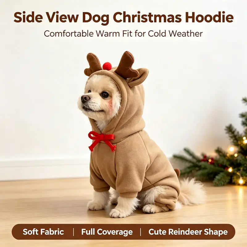 Dog Christmas Reindeer Hoodie - Small-Medium Sizes, Casual, Warmth