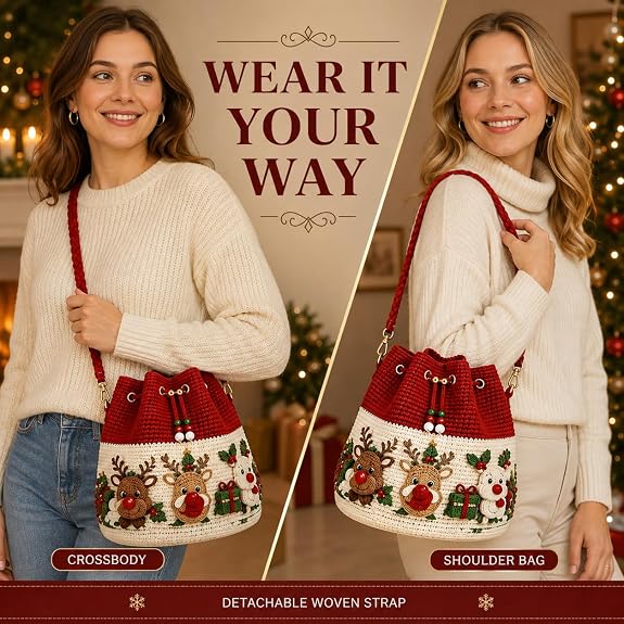 Christmas Crochet Bucket Crossbody Bag with Drawstring