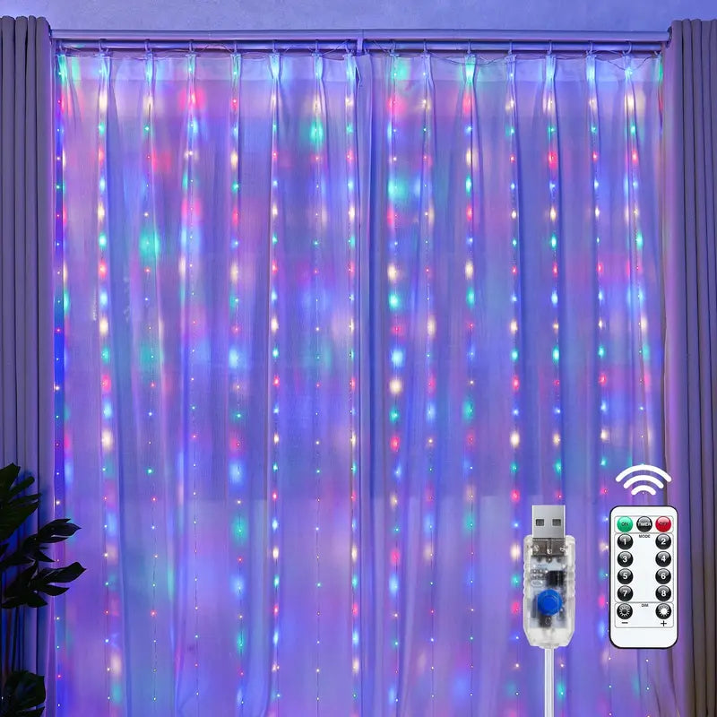 300LED USB-Powered Curtain Fairy Lights with Remote Control