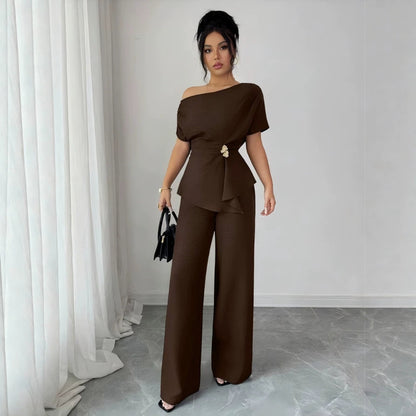 Women's Stylish and Elegant Solid-Color One-Shoulder Set with Metal Accents