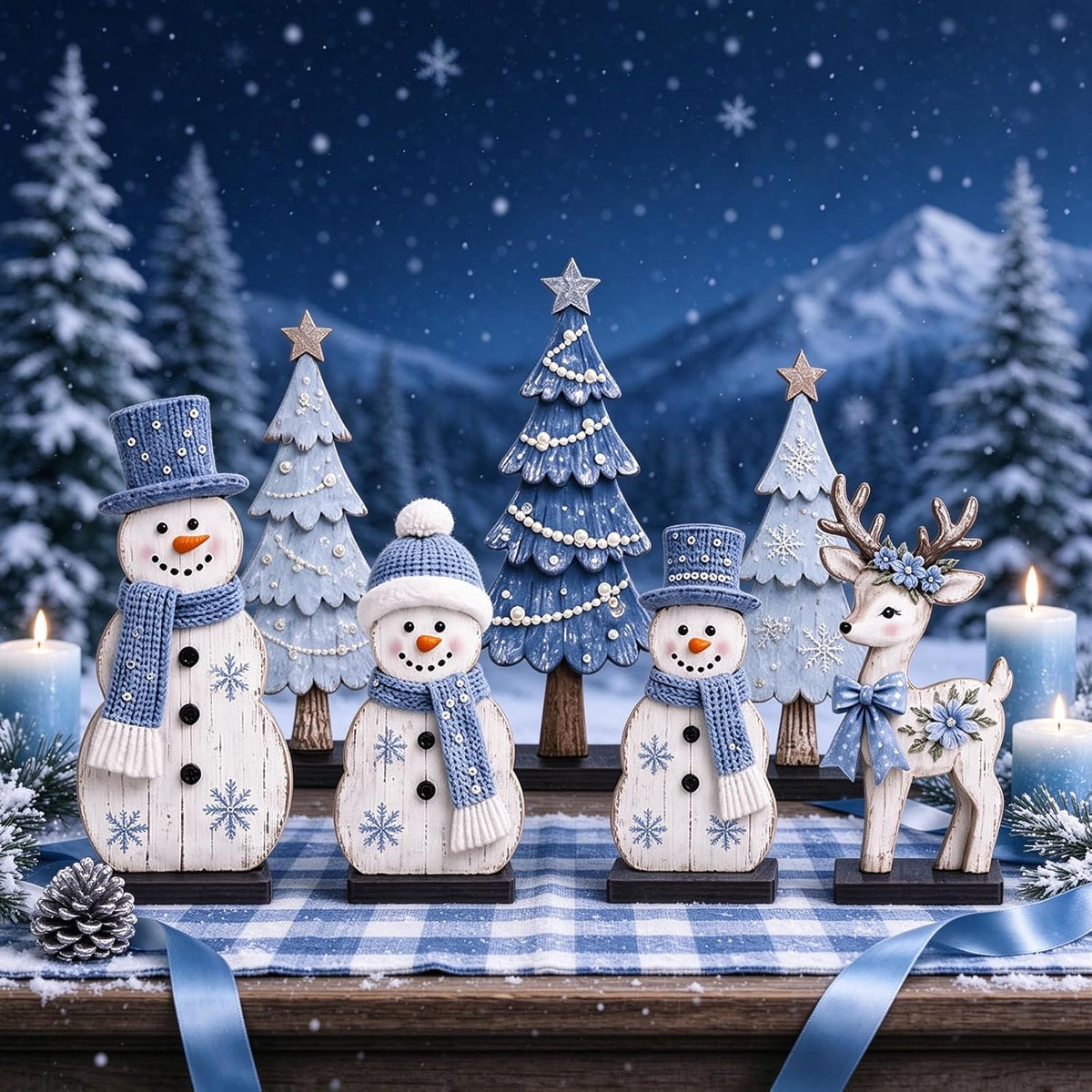 7 Pcs Christmas Table Decor Wooden Snowman Tree Deer Decor