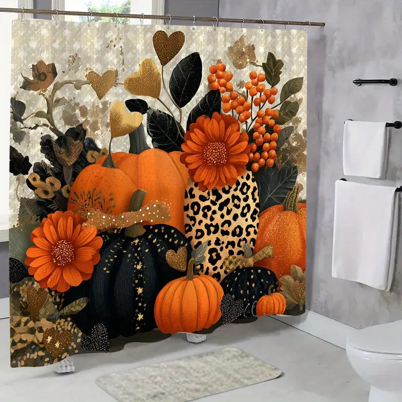 Autumn Harvest Themed Shower Curtain with Pumpkin Leaf, Berry, and Star Print