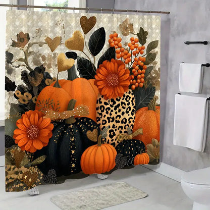 Autumn Harvest Themed Shower Curtain with Pumpkin Leaf, Berry, and Star Print