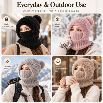 Womens Knit Beanie Hat Fleece Lined Winter Scarf Mask Set Snow Caps Plush Earmuff Skull Hats with Pompom