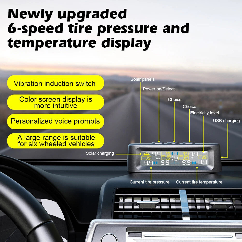 Tire Pressure Monitoring System with 4 Sensors Solar and USB Charging LCD Display