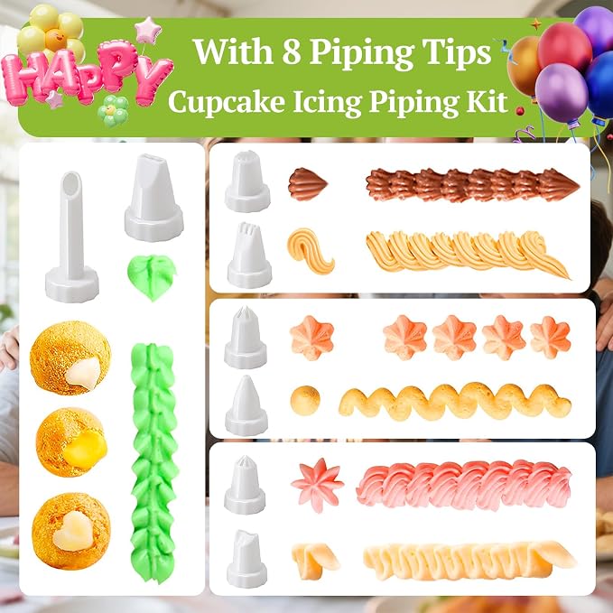 Professional Cake Decorating Kit, Piping Nozzle with Syringe, 8 Plastic Pastry Tips