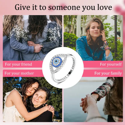 Platinum-Plated Evil Eye Protection Ring - Blue Cubic Zirconia Closed Back Band