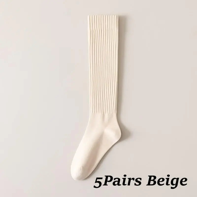 Women's 5-Pair Pack Thermal Thickened Mid-Calf Socks – Slim-Fit Solid Color with Side Stripe
