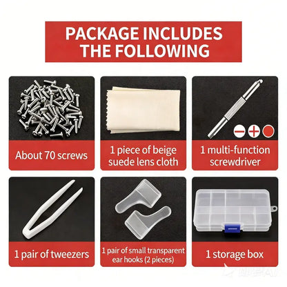 Eyeglass Nose Pad Kit · Upgraded Ultra-Soft Silicone Air-Cushion · Non-Slip Screw-In Repair Kit with Included Tools and Accessories
