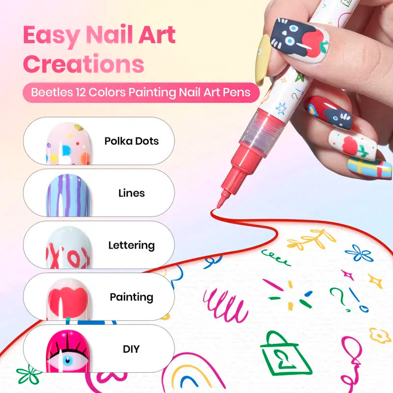12-color nail art pen set，Suitable for nail art design, painting, dot and line work, DIY home nail art and nail salon tools