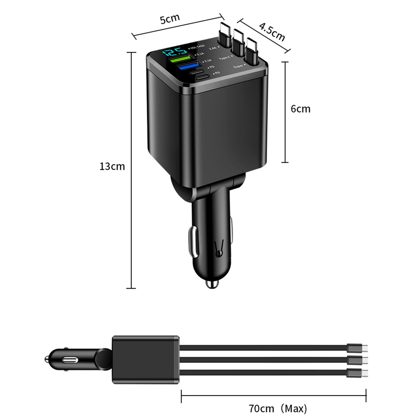 7-in-1 Retractable Car Charger with Digital Display, 4-Port & Triple Built-in Cables