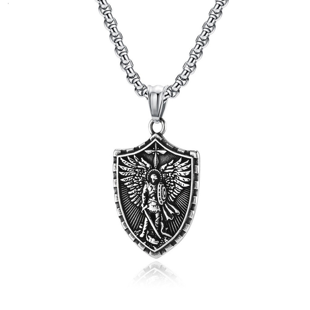 Stainless Steel St. Michael Shield Pendant Necklace for Men