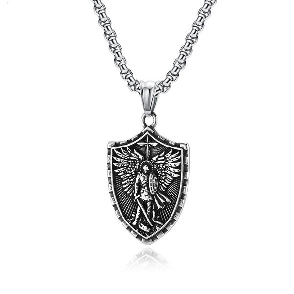 Stainless Steel St. Michael Shield Pendant Necklace for Men