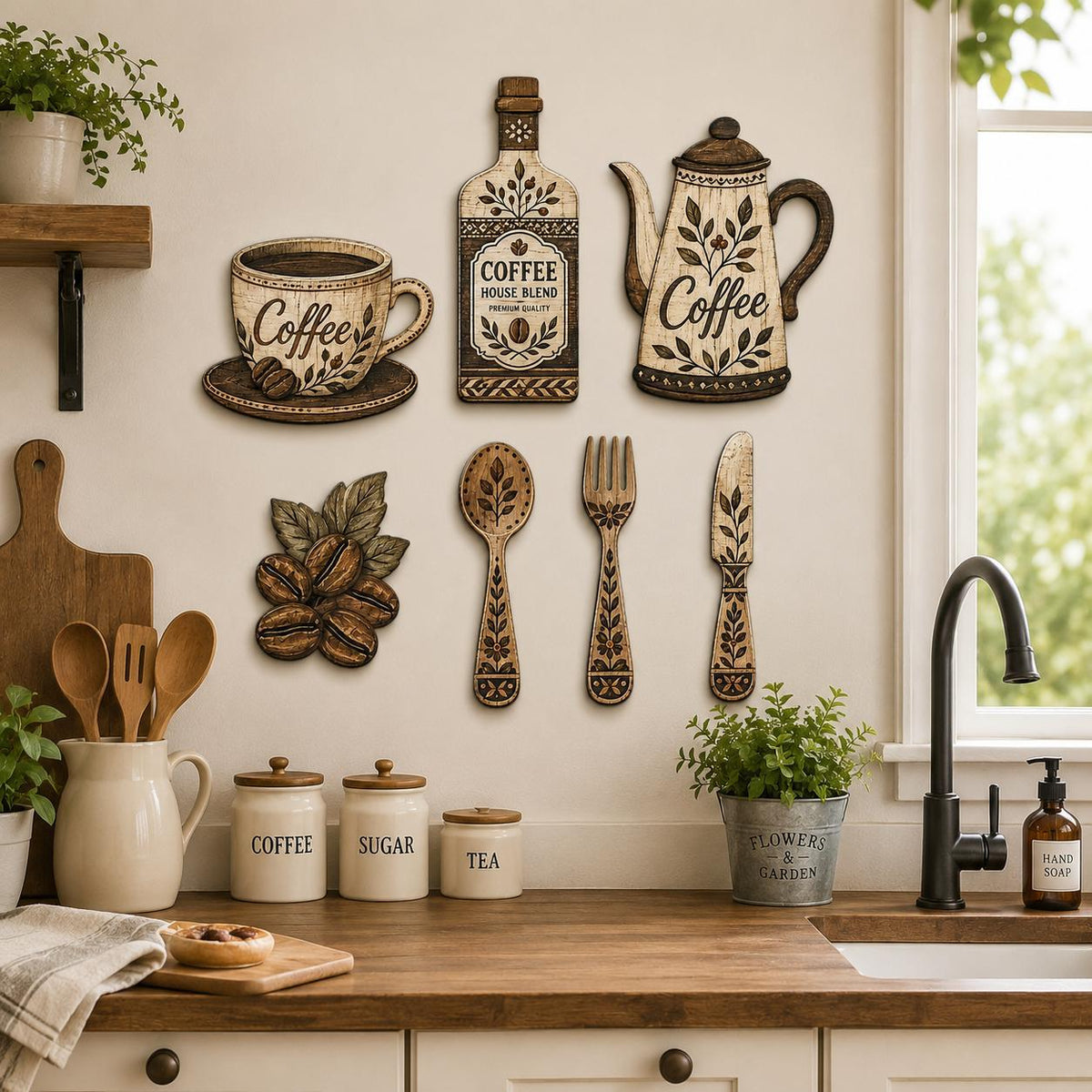 7-Piece Wooden Kitchen Wall Decor Set, Coffee-Themed