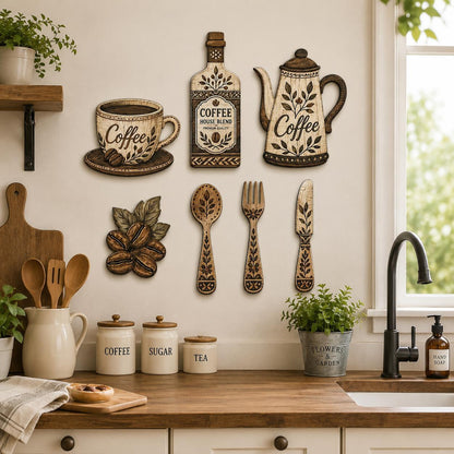 7-Piece Wooden Kitchen Wall Decor Set, Coffee-Themed