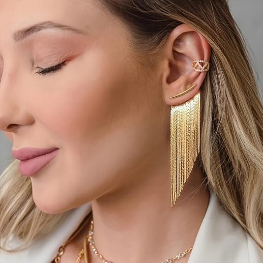 Women's gold tassel pendant earrings