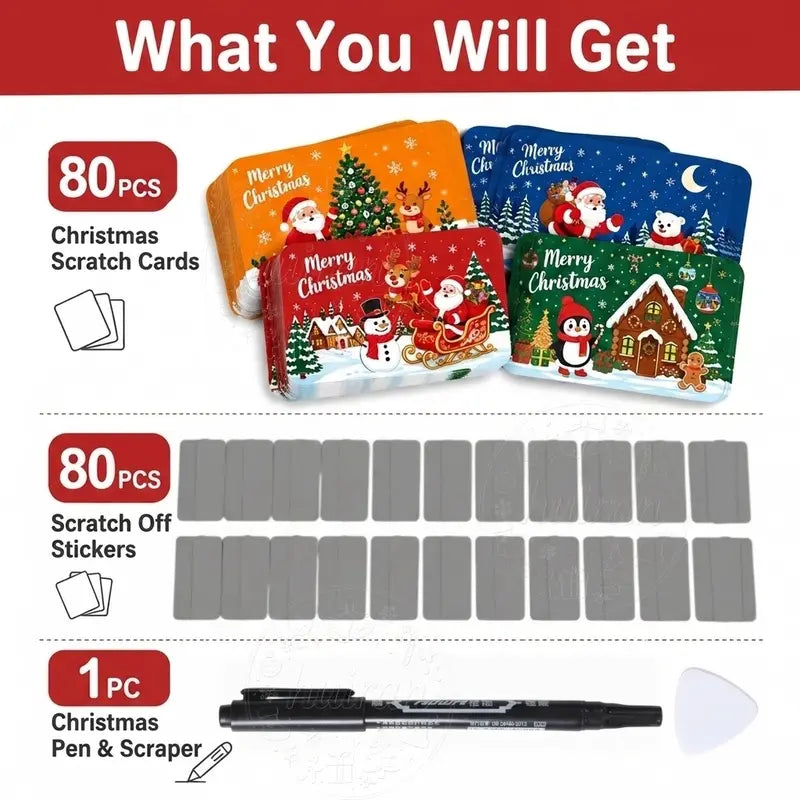 80Pcs Cartoon Christmas Scratch Cards DIY Christmas Gift Ideas for Kids Xmas Party Supplies