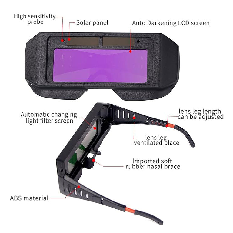 Safety Protective LCD Welding Glasses - Solar Powered Auto Darkening with Adjustable Shade, 2 Sensors