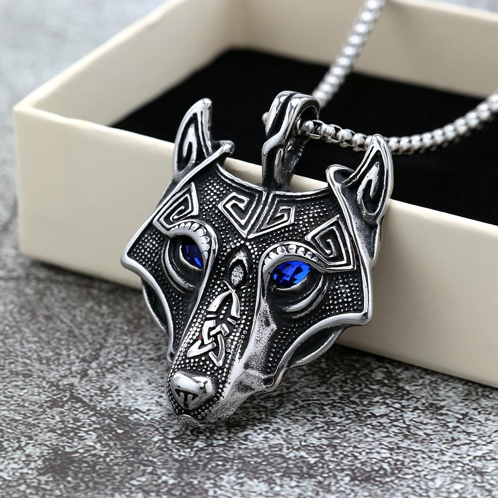 Viking Wolf Head Geometric Pendant Necklace for Men