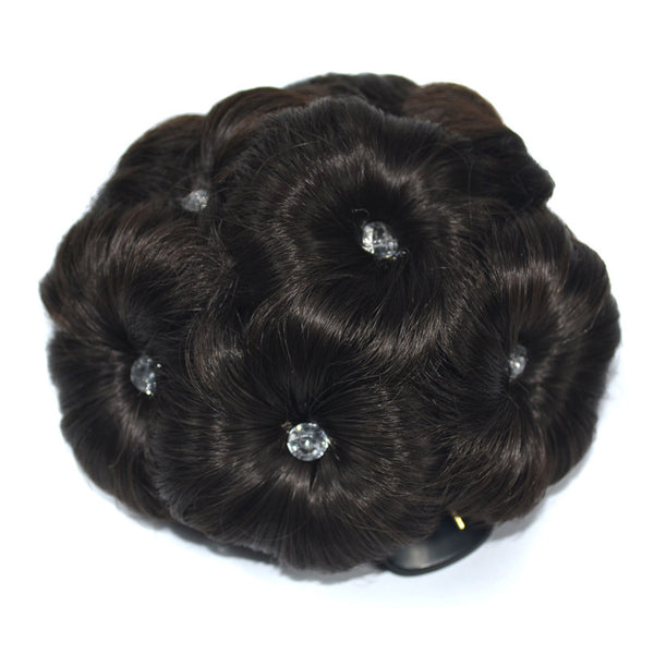 Women's clip-on hair bun with rhinestone-accented synthetic claw clip