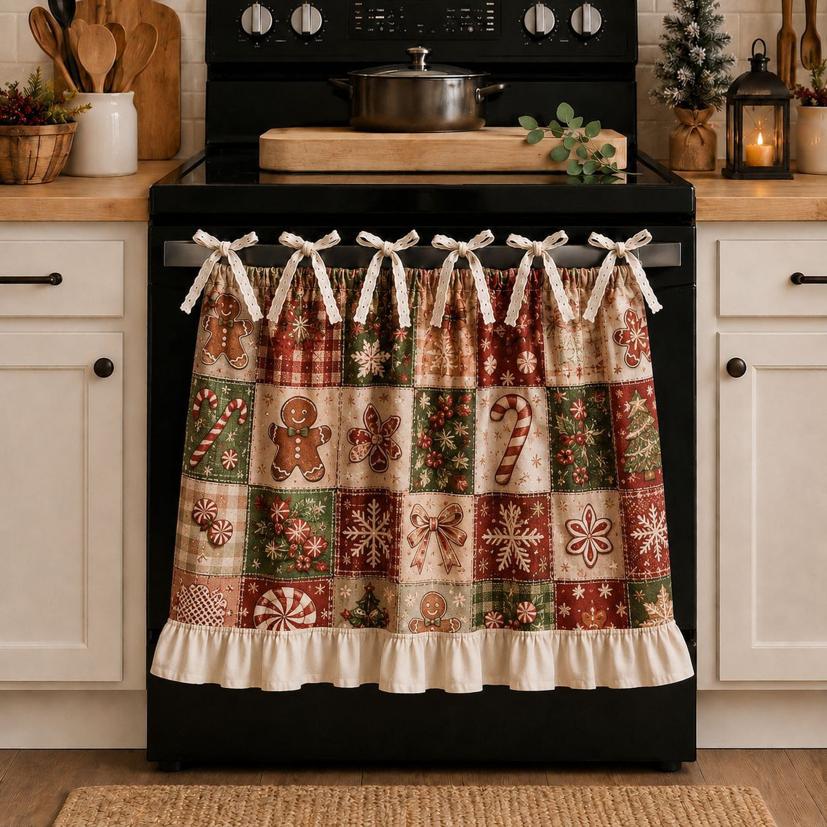 Christmas Stove Skirt, Patchwork Oven Curtain with Ruffled Trim and Bow Tie Accents