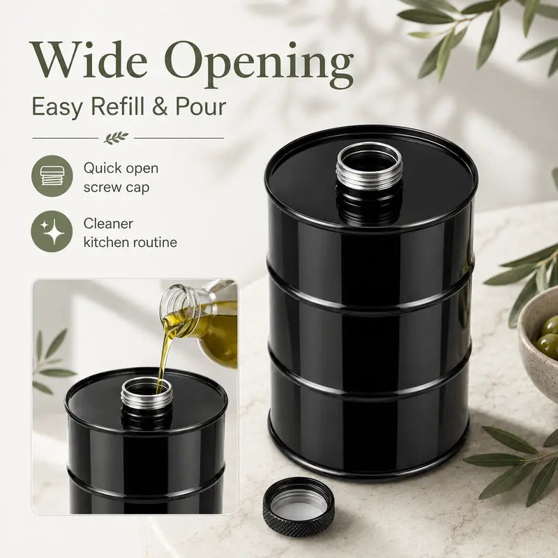 Black Barrel Shaped Stainless Steel Oil Dispenser Bottle