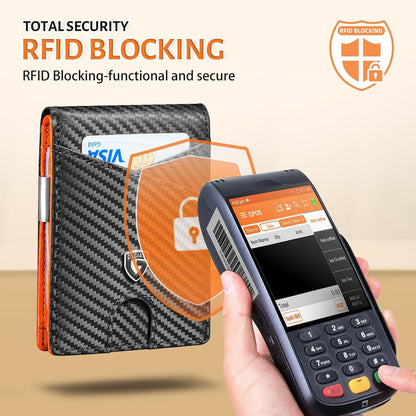 Slim Wallet for Men - Minimalist Genuine Leather Carbon Fiber Rfid Blocking Bifold Credit Card Holder