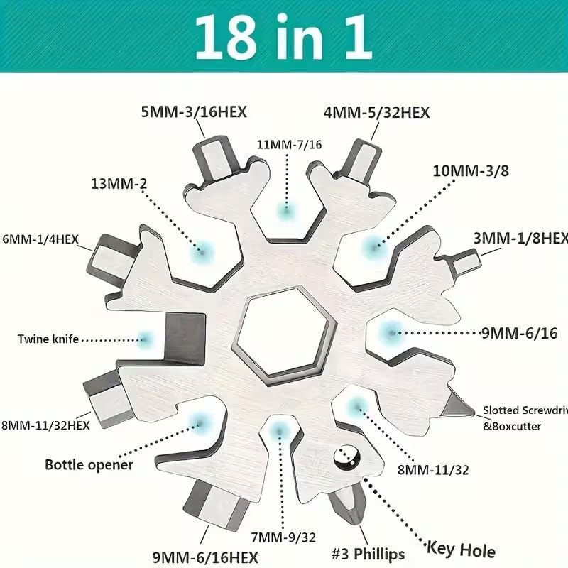 18-in-1 Snowflake Multi Tool, Stainless Steel Pocket Tool with Bottle Opener