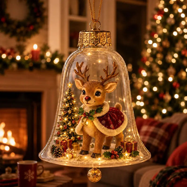 Miniature festive scene Christmas tree with glowing bell decoration