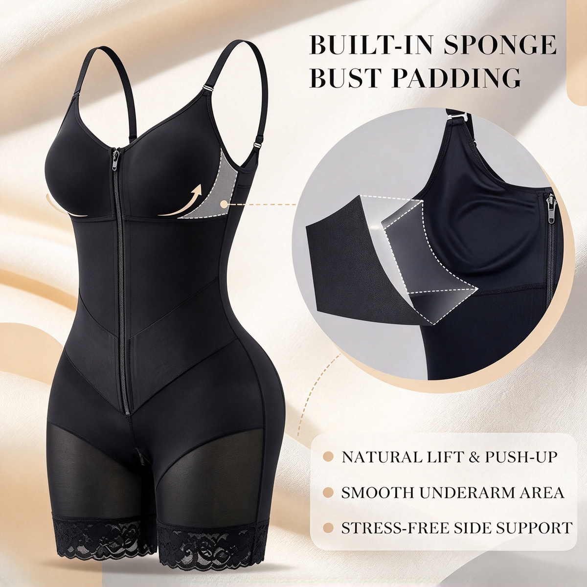 Women's Shapewear Romper with Built-In Bra, Adjustable Straps, Front Zipper