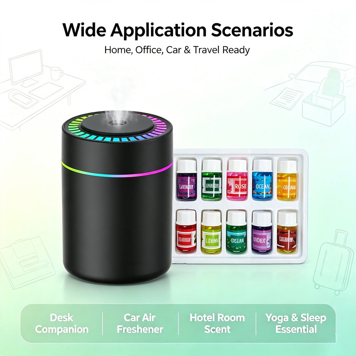 Portable Color-Changing LED Humidifier with 12-Piece Essential Oil Set