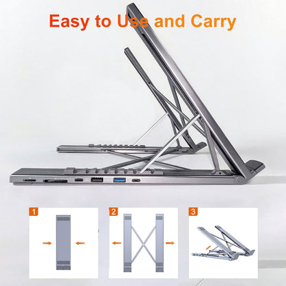 6-in-1 Adjustable Aluminum Laptop Stand with Docking Station, 4K HDMI Output, 6 Height Levels, Super-Speed Data Transfer