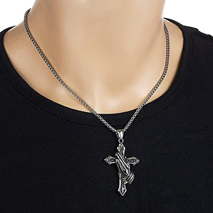Praying Hands Cross Necklace, Serenity Prayer Pendant, Christian Cross Jewelry Gift for Men Women