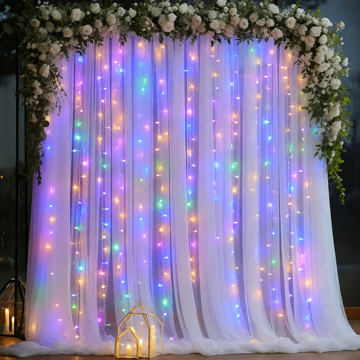 Sheer Backdrop Curtain with Warm LED String Lights for Weddings, Parties & Photo Booth, 63" x 118"