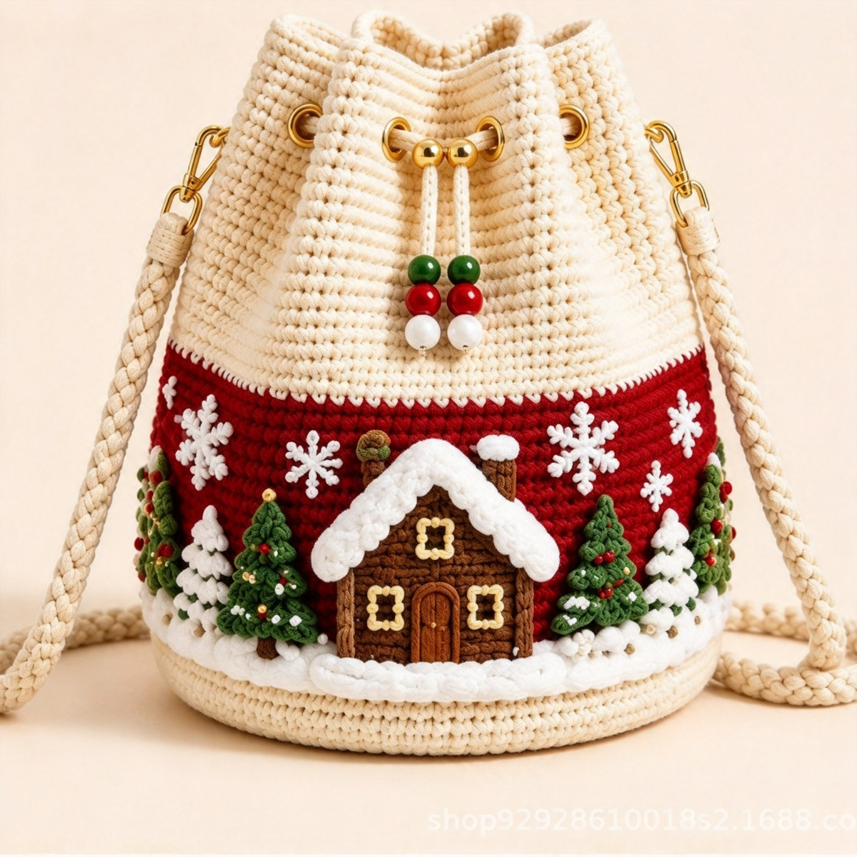 Christmas Crochet Bucket Crossbody Bag with Drawstring