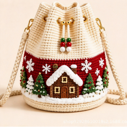 Christmas Crochet Bucket Crossbody Bag with Drawstring