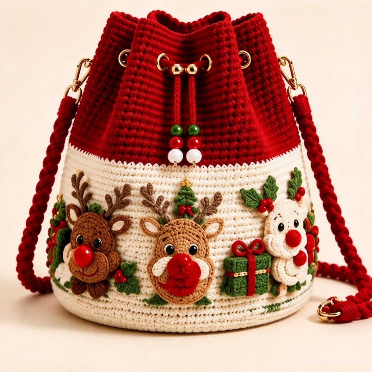 Christmas Crochet Bucket Crossbody Bag with Drawstring