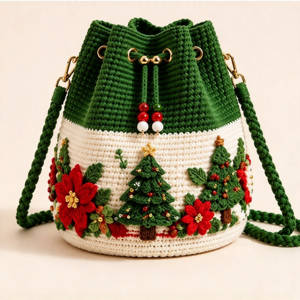 Christmas Crochet Bucket Crossbody Bag with Drawstring