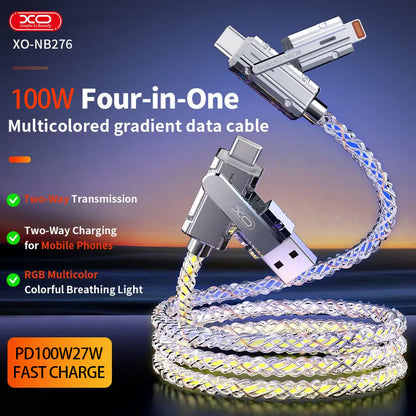 100W 4-in-1 Multicolour Luminous Durable LED Fast Charging Cable
