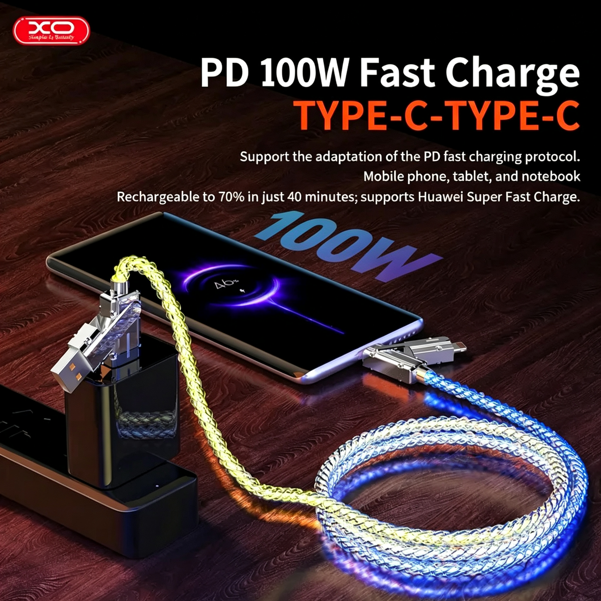 100W 4-in-1 Multicolour Luminous Durable LED Fast Charging Cable