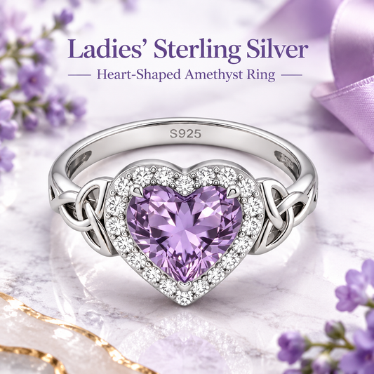 Women's 925 Sterling Silver Heart Shaped Amethyst Ring