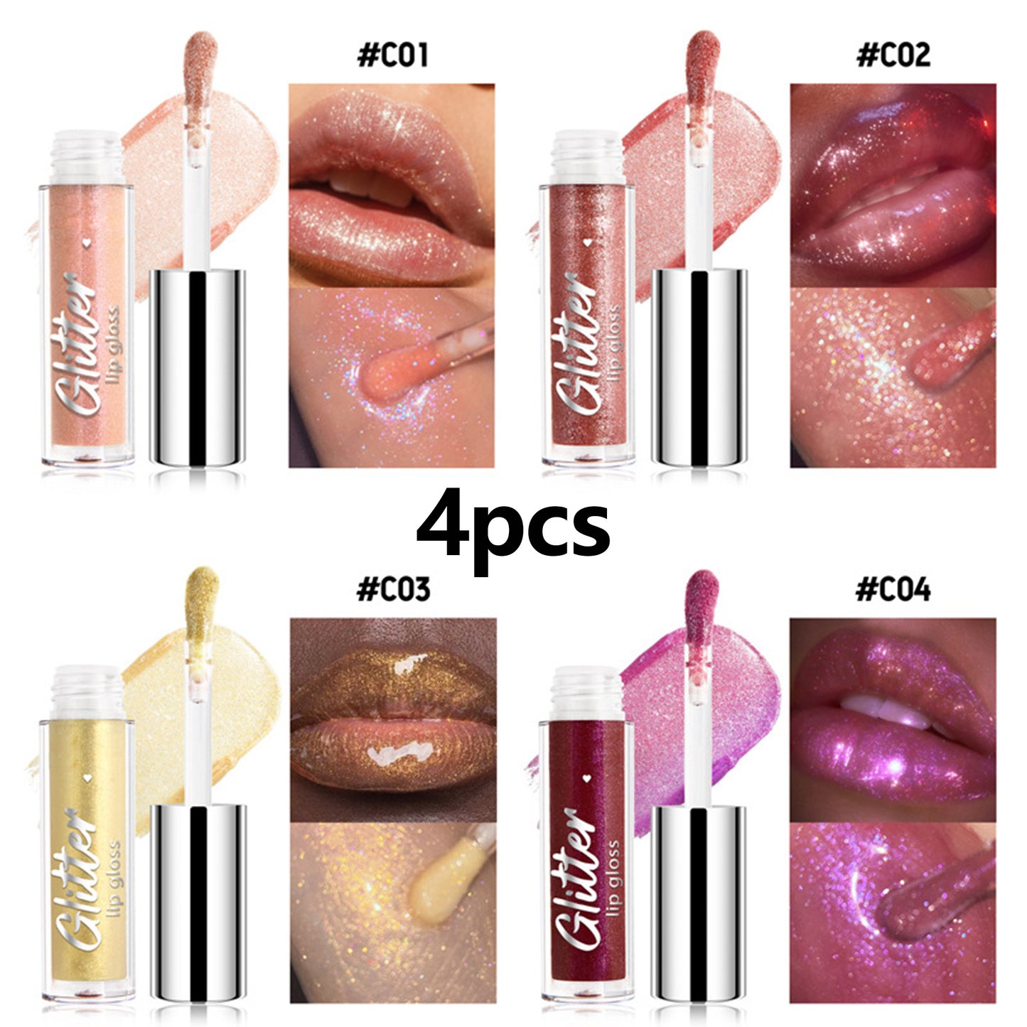 4Pcs/Set Glitter Shimmer Lip Gloss Set, Non-Sticky, Moisturizing Lip Makeup