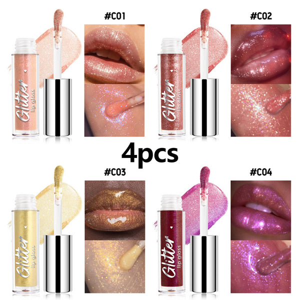 4Pcs/Set Glitter Shimmer Lip Gloss Set, Non-Sticky, Moisturizing Lip Makeup