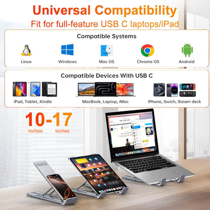 6-in-1 Adjustable Aluminum Laptop Stand with Docking Station, 4K HDMI Output, 6 Height Levels, Super-Speed Data Transfer
