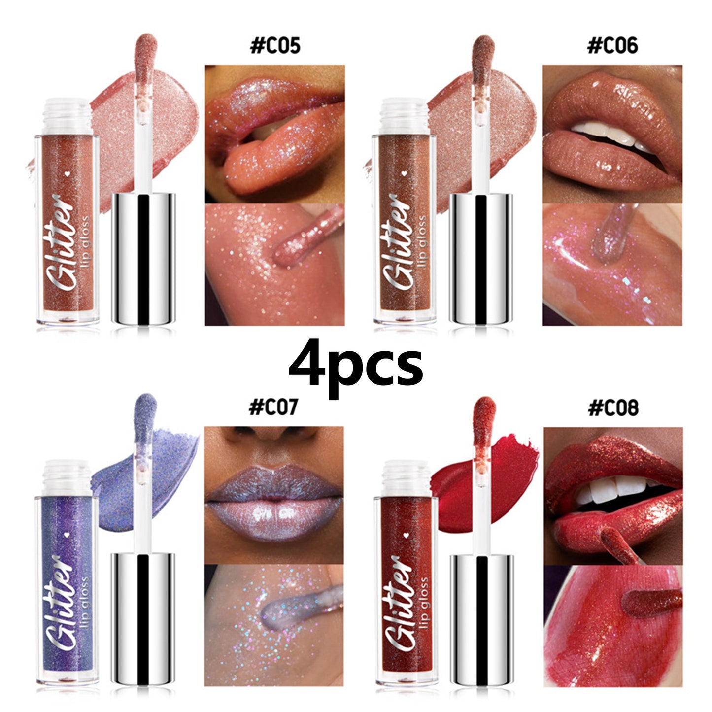 4Pcs/Set Glitter Shimmer Lip Gloss Set, Non-Sticky, Moisturizing Lip Makeup