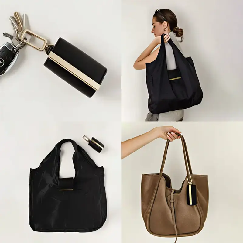 Foldable Keychain Tote Bag, Expandable Leather Mini Bag with Key Ring