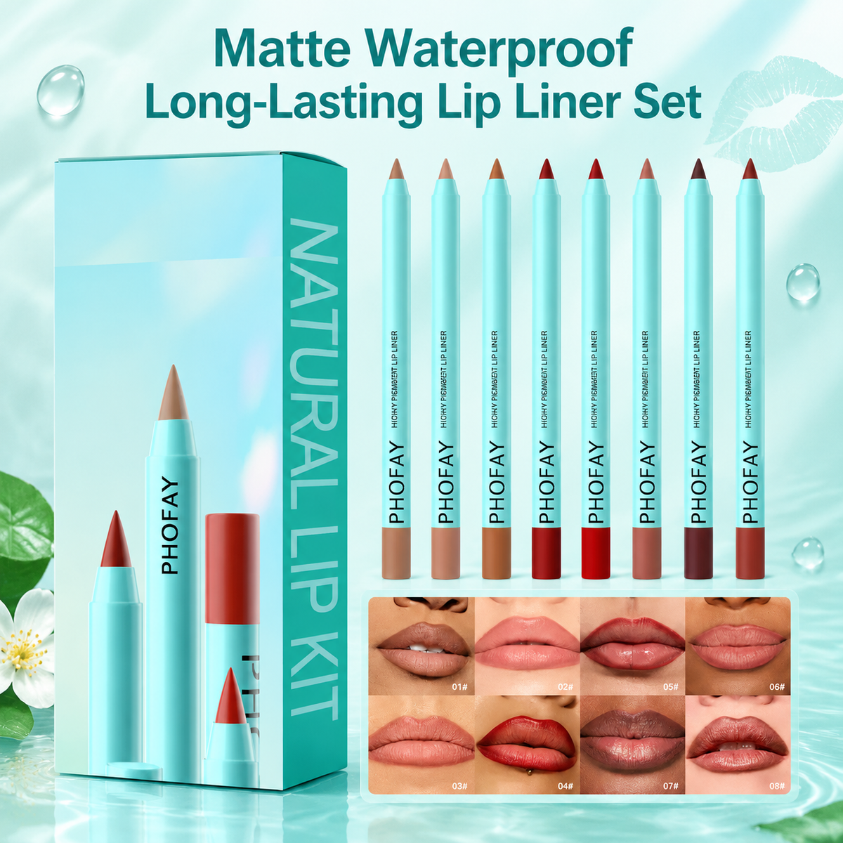 8-Piece Matte, Waterproof, Long-Lasting Lip Liner Set