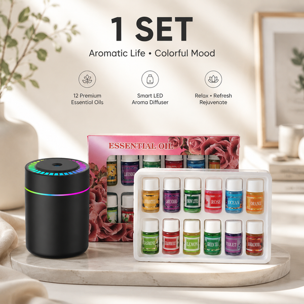 Portable Color-Changing LED Humidifier with 12-Piece Essential Oil Set